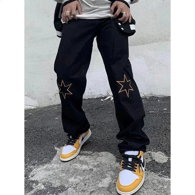 American retro black jeans personalized letter star print jeans for men and women Y2K casual straight leg loose jeans trousers 240821