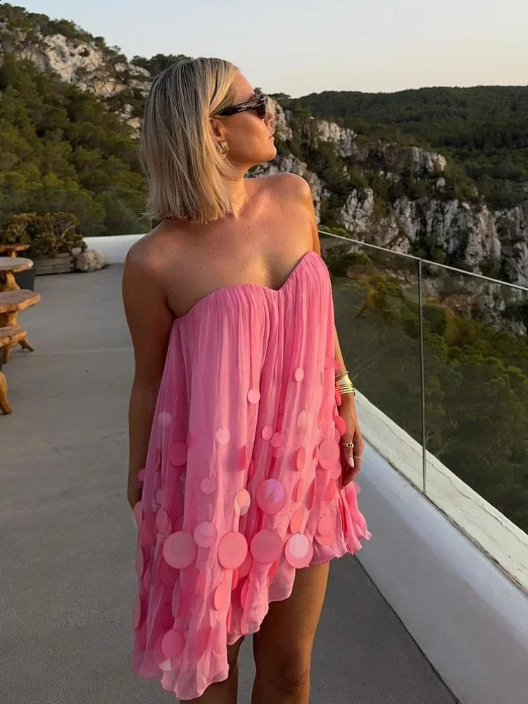 Sexy and shiny sequin decorated shoulder mini dress sleeveless backless Aline loose vest womens vacation evening 240820