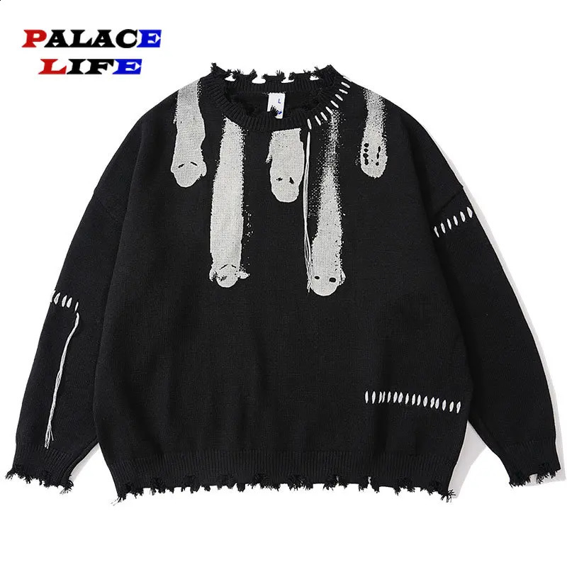 Streetwear Knitted Sweaters Men Hip Hop Y2K Grunge Ripped Ghost Print Gothic Jumpers Autumn Oversize Pullover Harajuku Sweater 240821