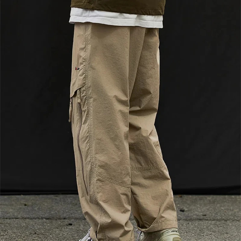 Retro British Spring and Autumn Mens Solid Color Zipper Pocket Elastic High Waist Casual Loose Cargo Sports Pants 240821
