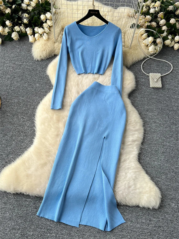 SINGREINY Autumn Skinny Knitted Sets Short TopsSlim Long Split Skirt Women Korean Style Sweater Fashion Two Pieces Suits 240820
