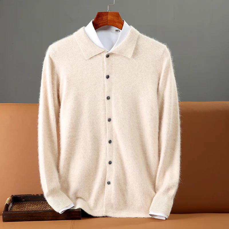 Autumn and Winter Mens 100% Mink Cashmere Thick Sweater Knitted POLO Collar Jacket Casual Business Long Sleeved Cardigan 240821