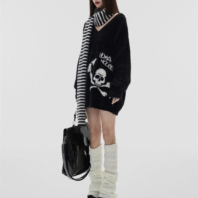 Black Gothic Skull Sweater Cyber Y2k Grunge Fairy Core Knitted Striped Scarf Punk Mohair Pullover Womens Emo Alt Jumper 240821