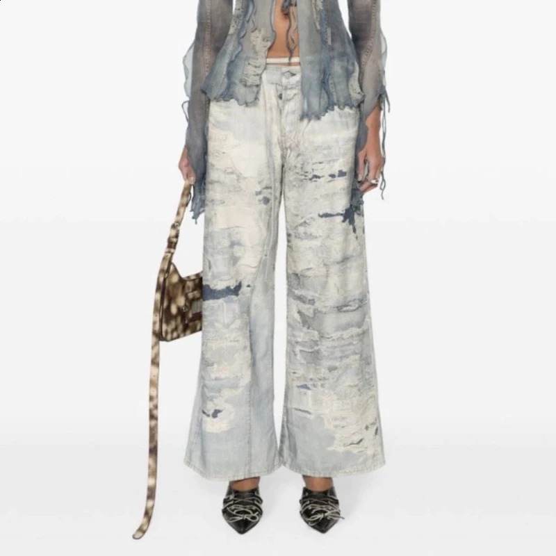 High Street Tie Dye 3D Print Frayed Wide Leg Baggy Blue Jeans for Men and Women Wide Leg Casual Loose Denim Trousers Oversized 240821