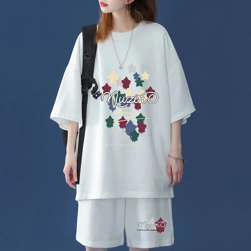 Oversized Retro Fashion Printing Athleisure Fashion Wide Leg Pants Two-piece Suit Summer Trend Young Style Elastic Waist T-Shirt 240820