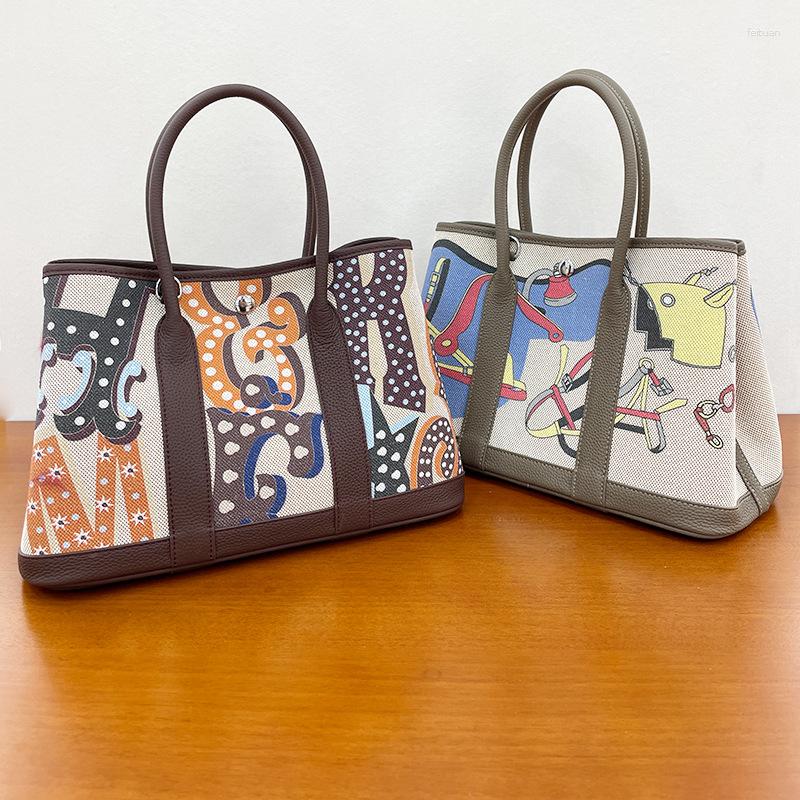 Totes Garden Bag Painted Women's Head Layer Cowhide With Canvas Shoulder Handbag Tote Mummy