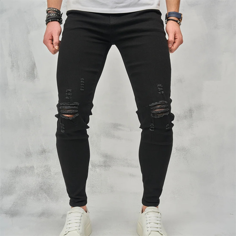 Men High Street Ripped Hip Hop Stylish Skinny Jeans Male Trousers High Quality Holes Casual Cotton Pencil Denim Pants 240821