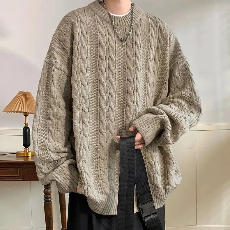 Solid Colour Ribbed Twist Pattern Round Neck Pullover Sweater Men Women Autumn Winter Couple Loose Knitted Woolen Top Warm Soft 240821