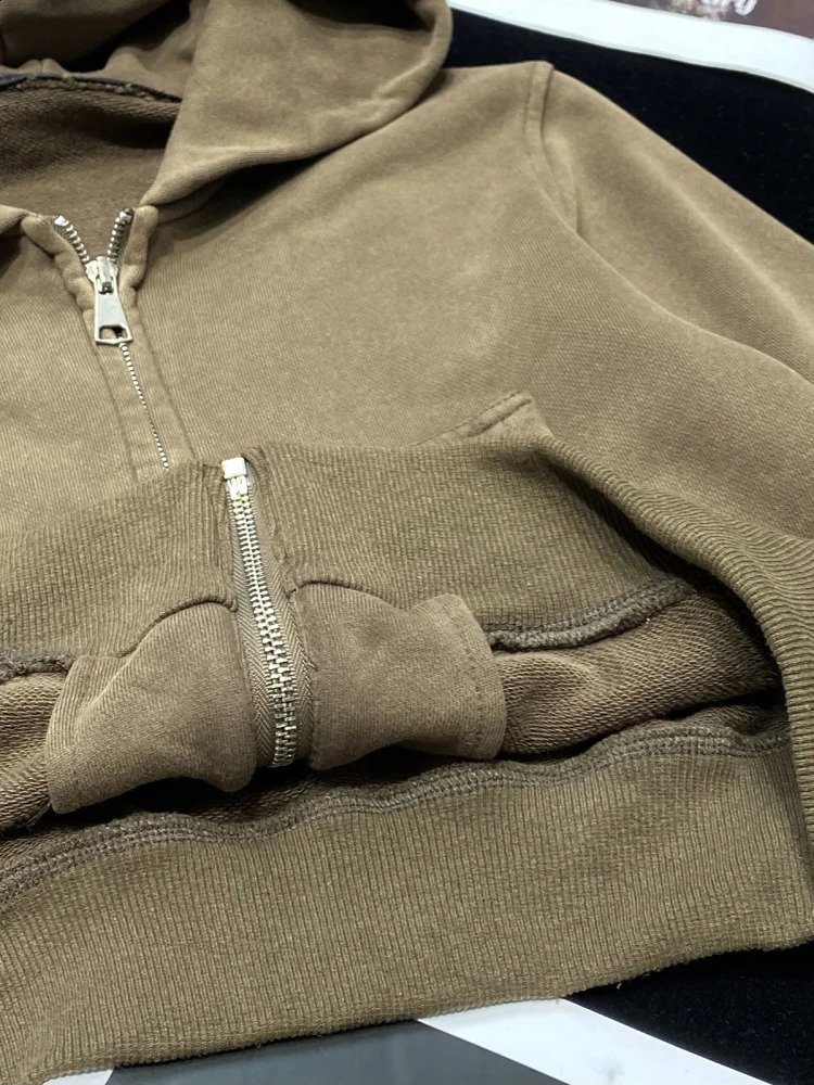 Cotton Terry Black Brown Zip Up Cropped Hoodies Hoode Sweatshirt Coat Jackets Clean Fit Outwear Korean Kpop Top Women 240820