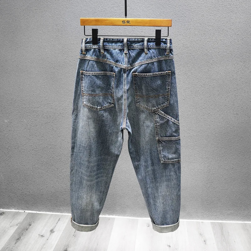 American Vintage Cargo Stitching Jeans Mens Slim Elastic Fashion Washed Dilapidated Y2k Trousers Male Streetwear Denim Pants 240821