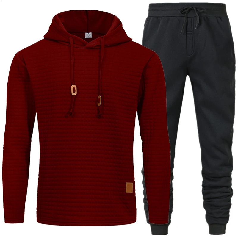 Comfortable Drawstring Outfit Mens Waffle Texture Hoodie Pants Set for Fall Winter Sports Solid Color Long Sleeves Sportswear 240821