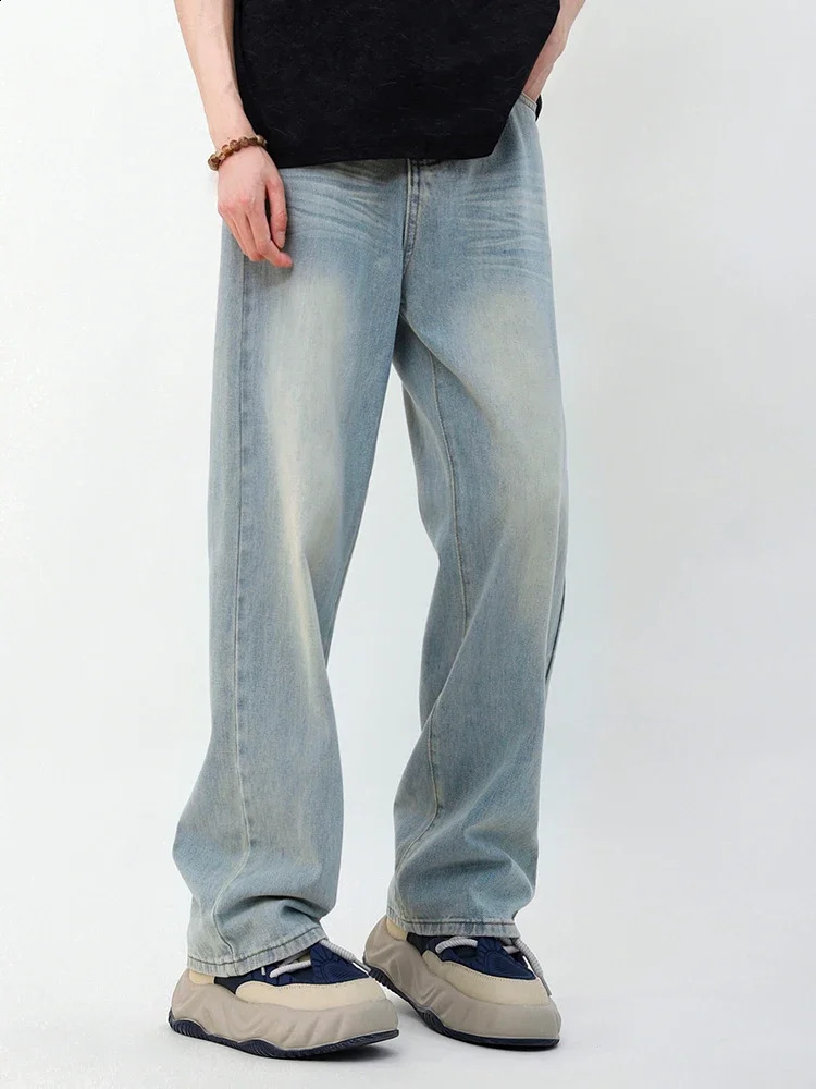 Baggy Korean Jeans Mens Personalized Y2k Pants Fashion Straight Casual Vintage Denim Trousers Male Streetwear Blue 240821