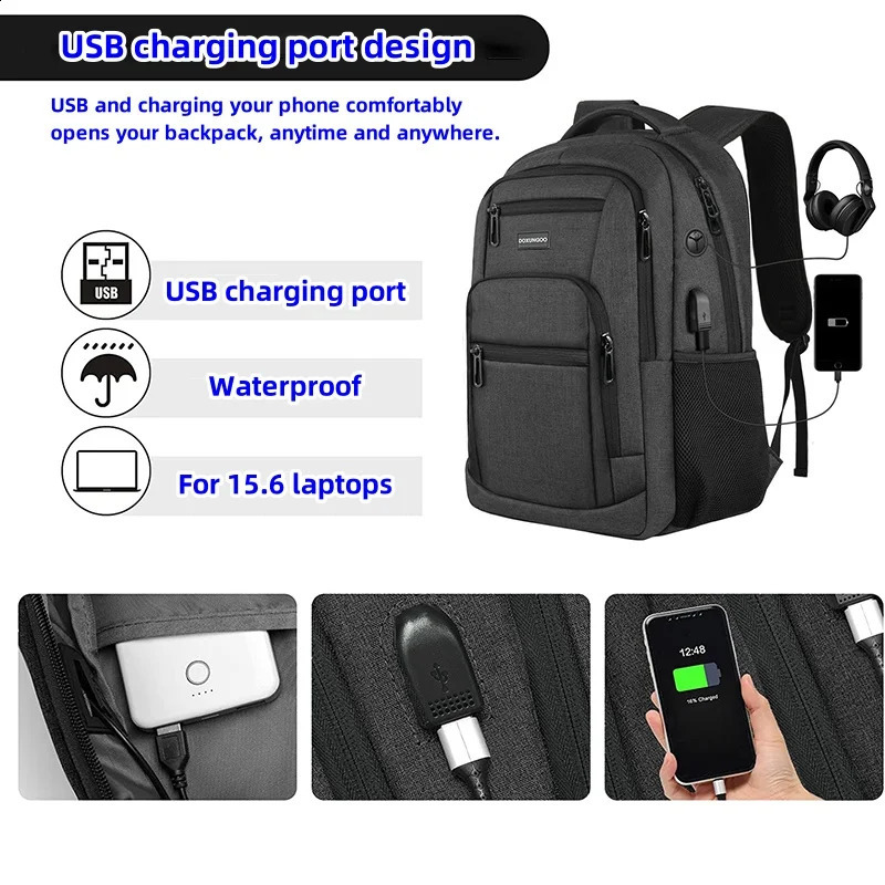 large capacity waterproof breathable backpack 156inch computer bag USB headphone cable retention port DOXUNGOO 240820