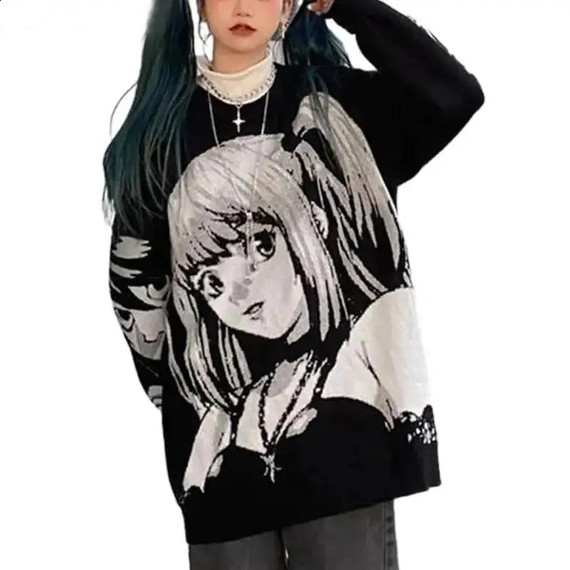 Anime Graphic Letter Print Pullover SweaterCute Long Sleeve Crew Neck SweaterWomens Clothing 240821