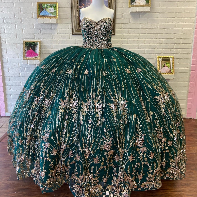Blackish Green Off The Shoulder Princess Quinceanera Dresses Ball Gown Classic Sequin Beads Crystal Tul Sweet 16 Dress Vestidos De 15 Anos