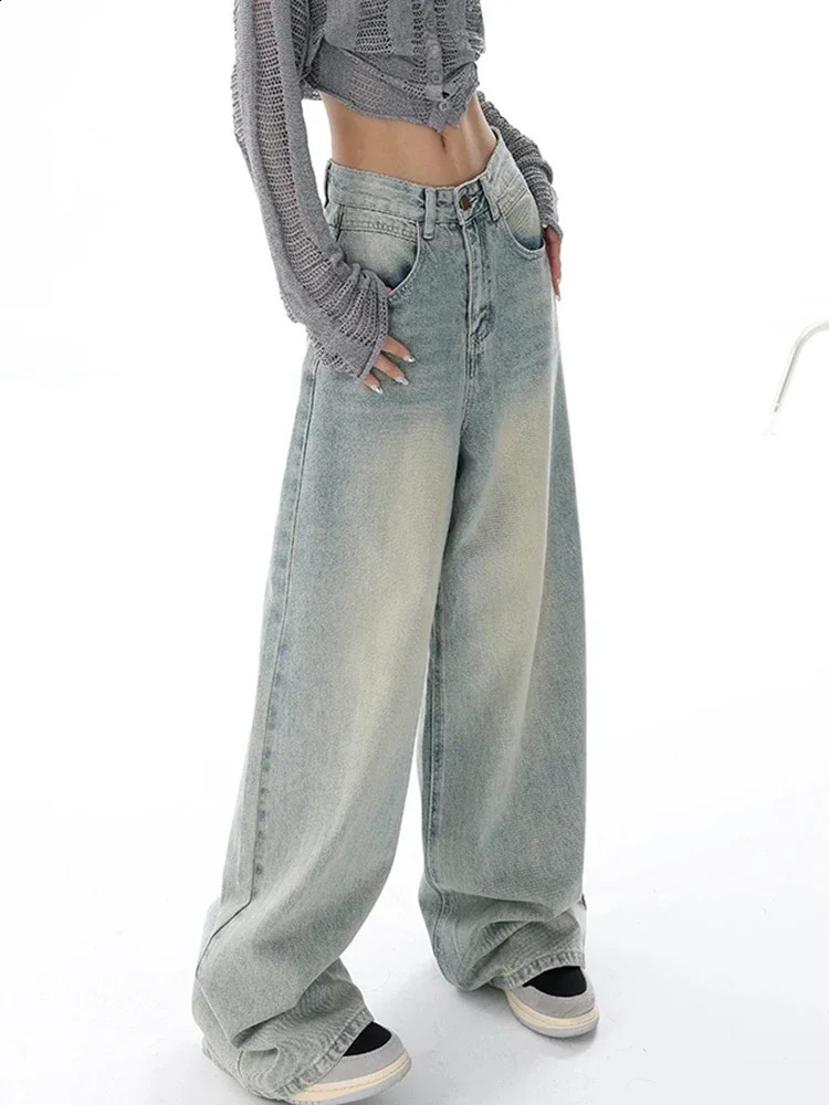 Circyy High Waisted Jeans Women Autumn Button Full Length Wide Leg Denim Pants Fashion Vintage Y2K Light Blue Loose Trousers 240821