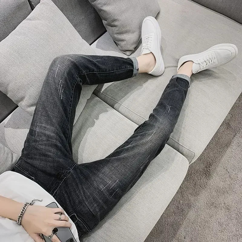 Mens Jeans Ripped Cropped Man Cowboy Pants Stretch Trousers with Holes Torn Light Blue Broken Elastic High Quality Summer Xs 240821