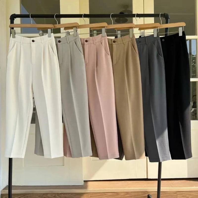 Korean High Waist Nine Point Trousers Female Fall Summer Casual Loose Office Lady Suit Pants Egegant Solid Color Work Pant 240821