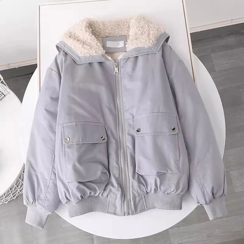 Winter Short Parka Pink Fleece Down Coats Fashion Hairy Puffer Jacket Ladies Korean Pockets Thick Cotton Padded Outwear 240821