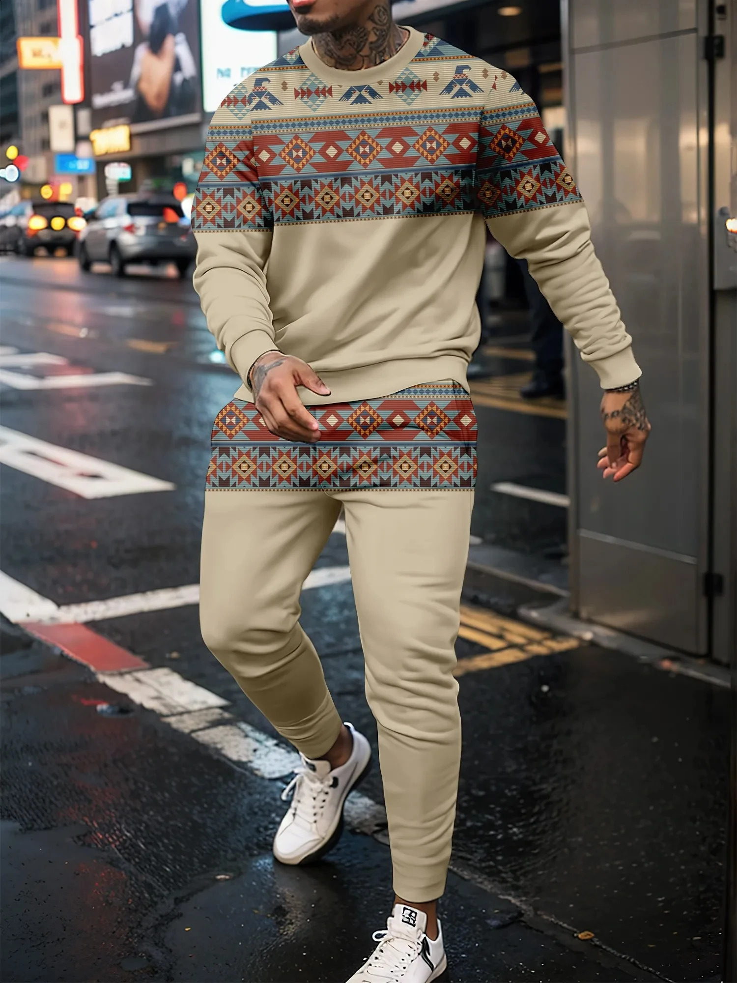 3D Splicing Mens Casual Suit With Round Neck Long Sleeve And Long Pants Fashion Mens Sports Street Personalized Jogging Suits 240821