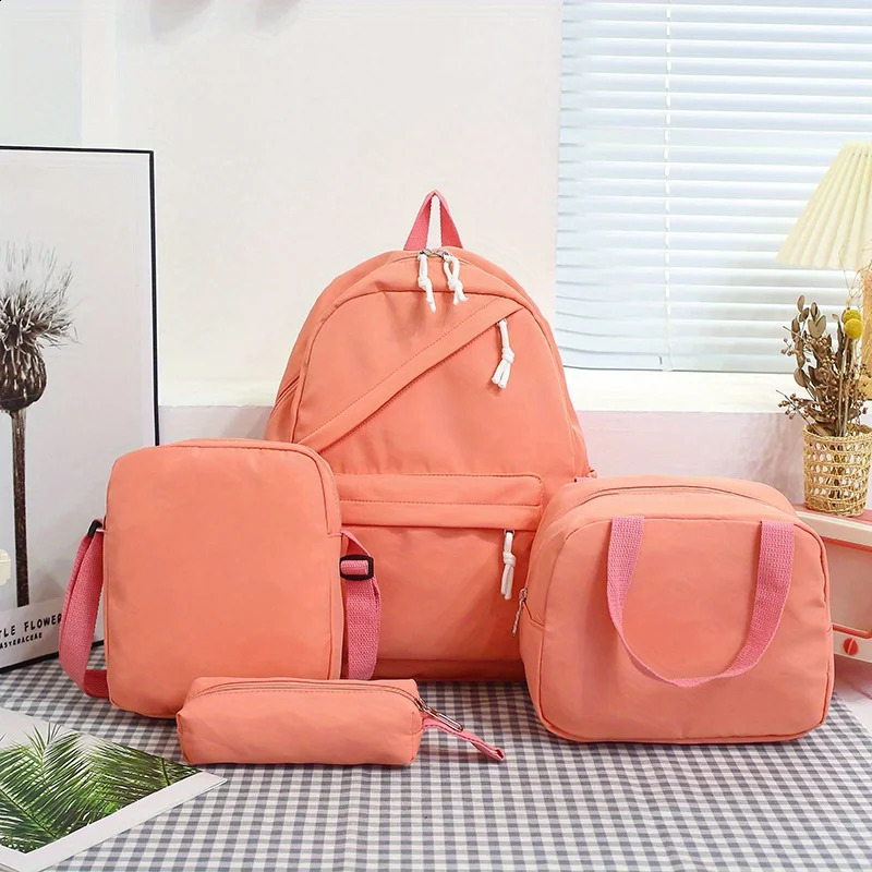 4piece set of large capacity nylon solid color backpacks handbags and pencil cases for casual fashionable school 240820