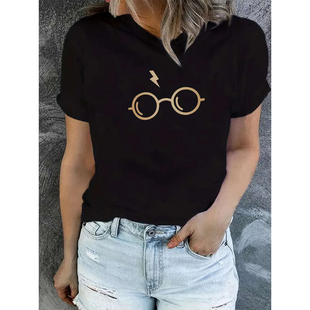 Print Glasses T-Shirt, Summer Short Sleeve Causal Top, Women's Clothing