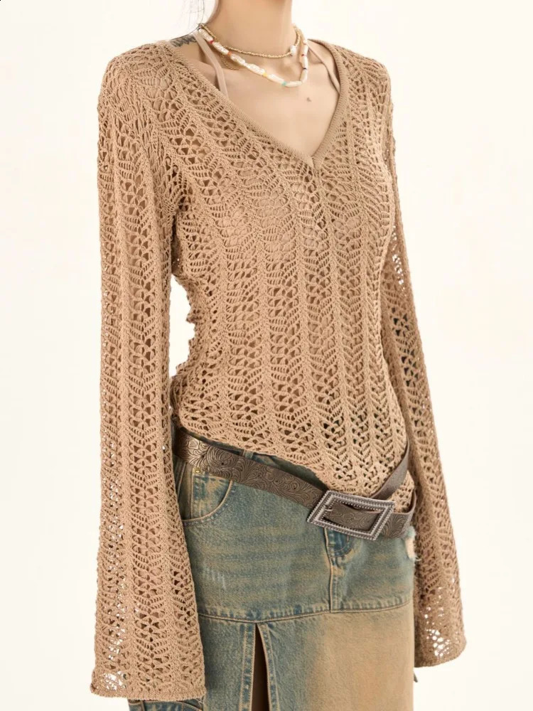 autumn Vneck knitted top Mujer Fashion All match ultrathin fit sweater Y2k EGirl flash sleeve puller 240821