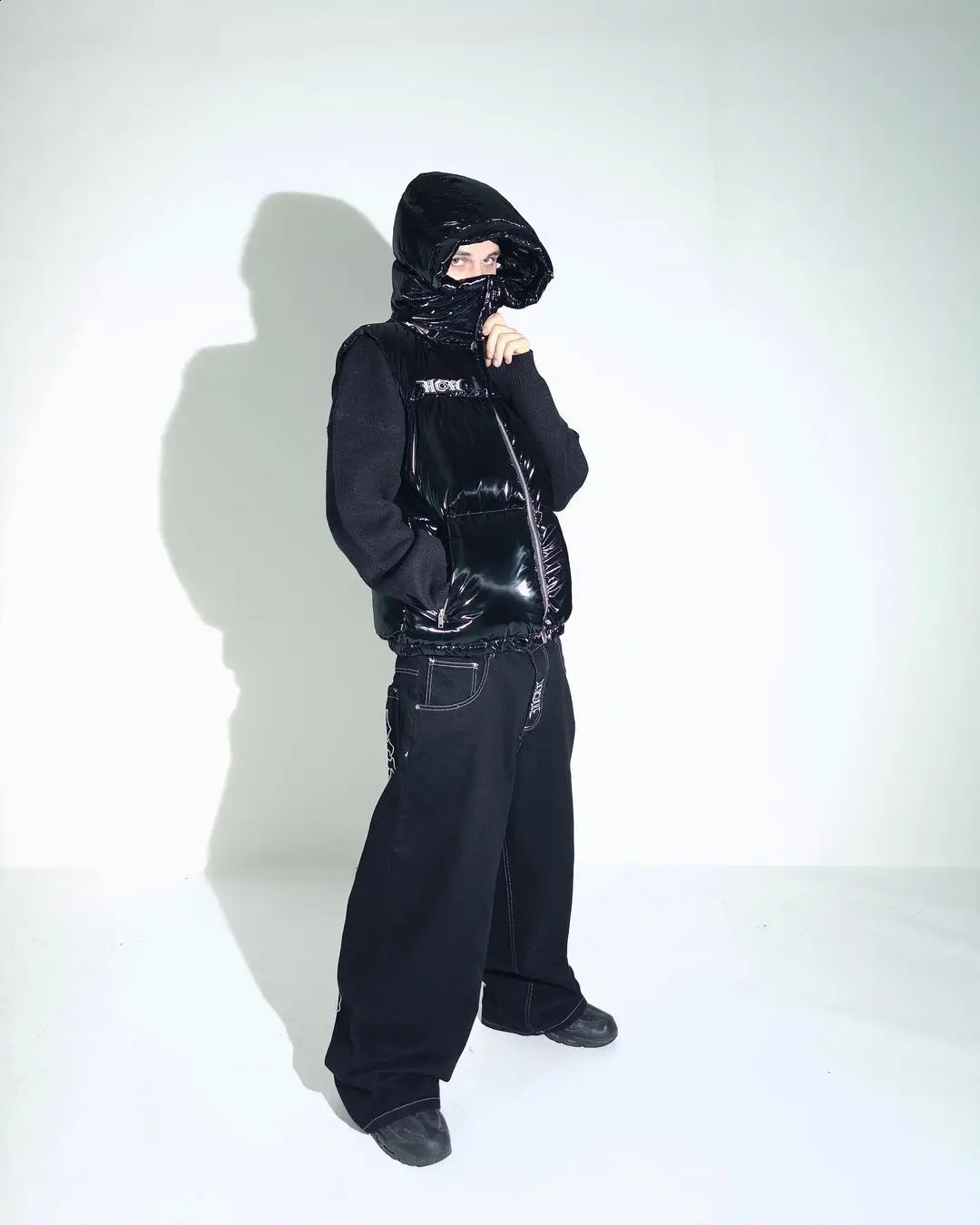 HCW Y2K streetwear fashion hip-hop letter embroidery black pocket jeans mens retro mid waist wide leg straight pants washing 240829