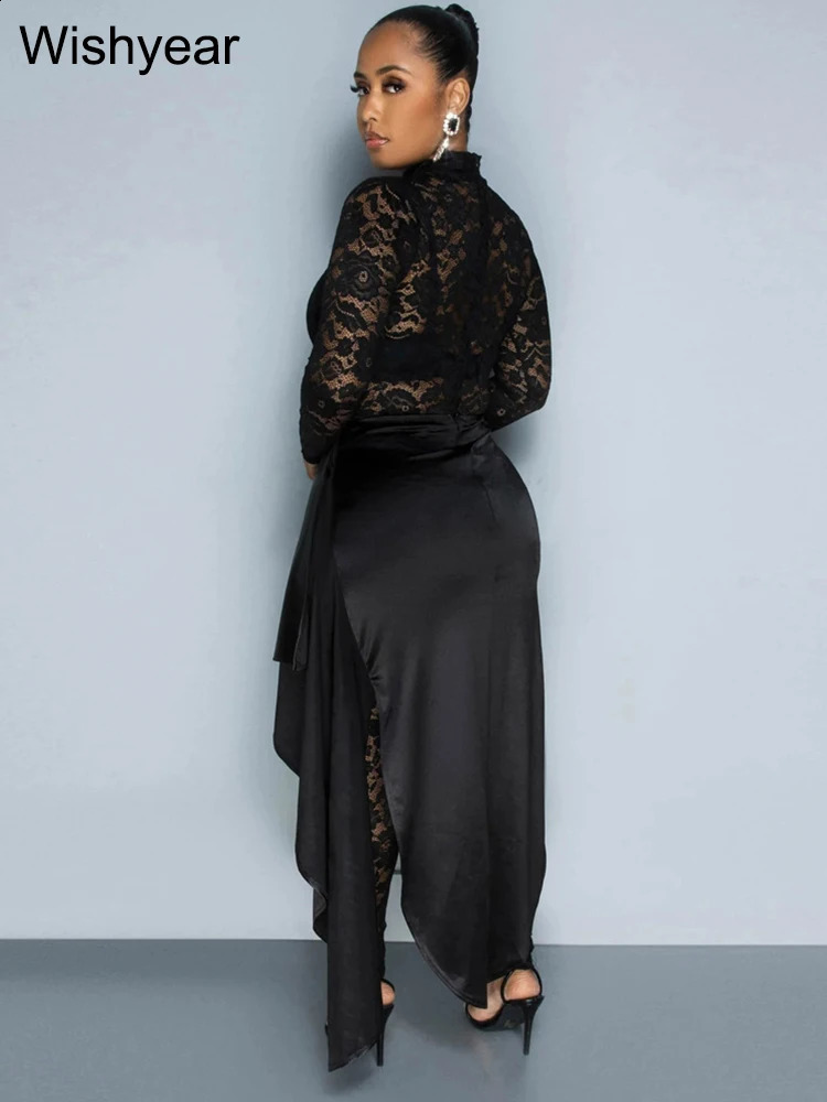Elegant Lace Long Sleeve Jumpsuit with Skirt Wrapped Hip 2 Two Piece Set Women Spring Sexy Night Club Outfits Birthday Rompers 240820