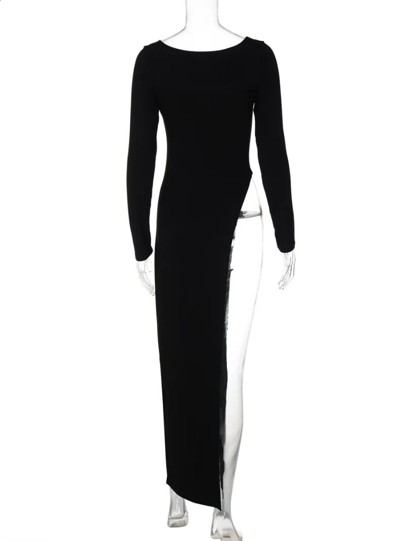 Woman Clothing Long Sleeve High Slit Black T-shirt Dress Y2K Streetwear 2024 Fall Ladies High Waist Slim Irregular Long Dresses 240821