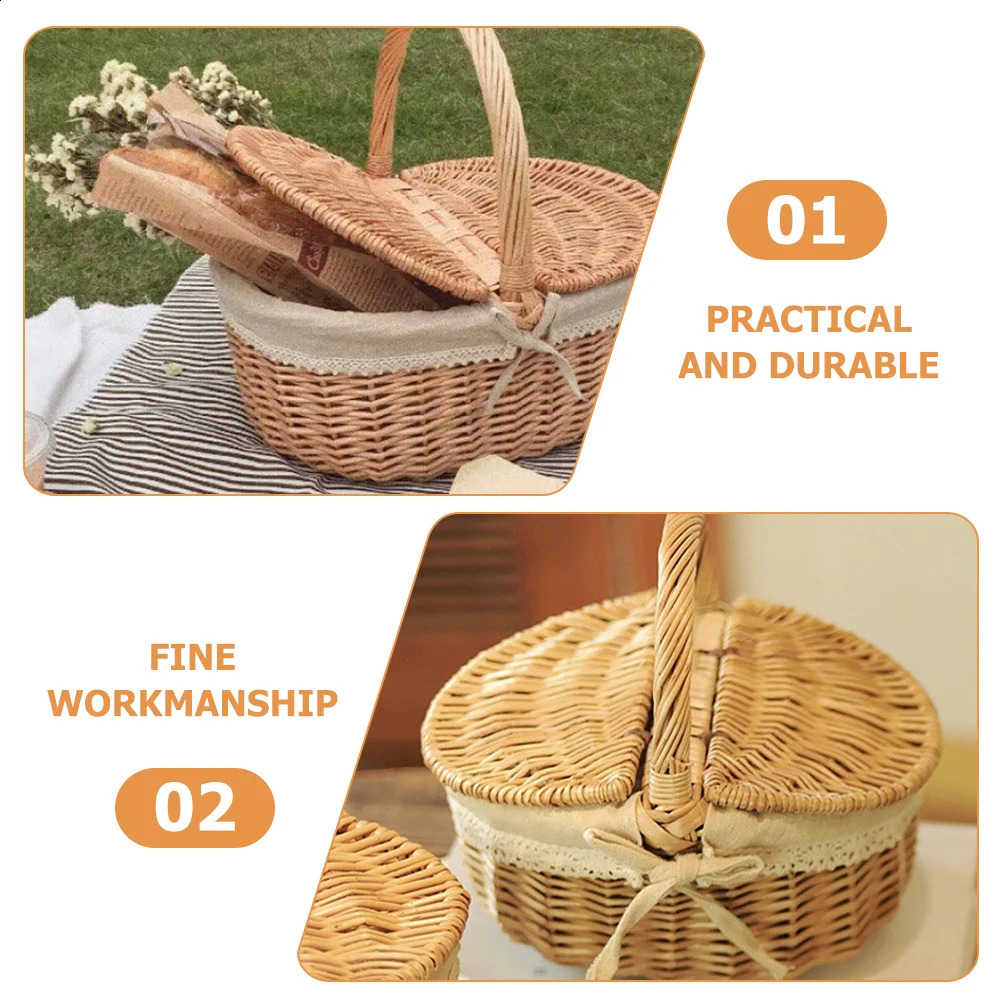 Picnic Fruit Storage Basket Easter Household Snack Container Wicker Basket with Lid Multi-function Wicker Basket Home Supply 240820