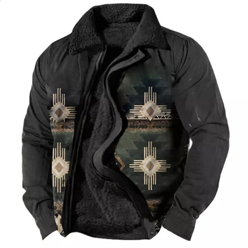 Winter Mens Warm Thick Fleece Lining Jackets Vintage Pattern Print Patchwork Turndown Collar Buttoned Coats Men Outerwear 240821