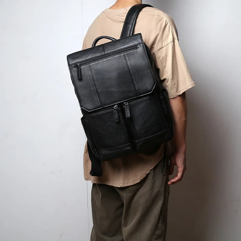 Mens Large Capacity Retro Top Denim Leather Casual Computer Bag Travel Backpack Fashion 240820