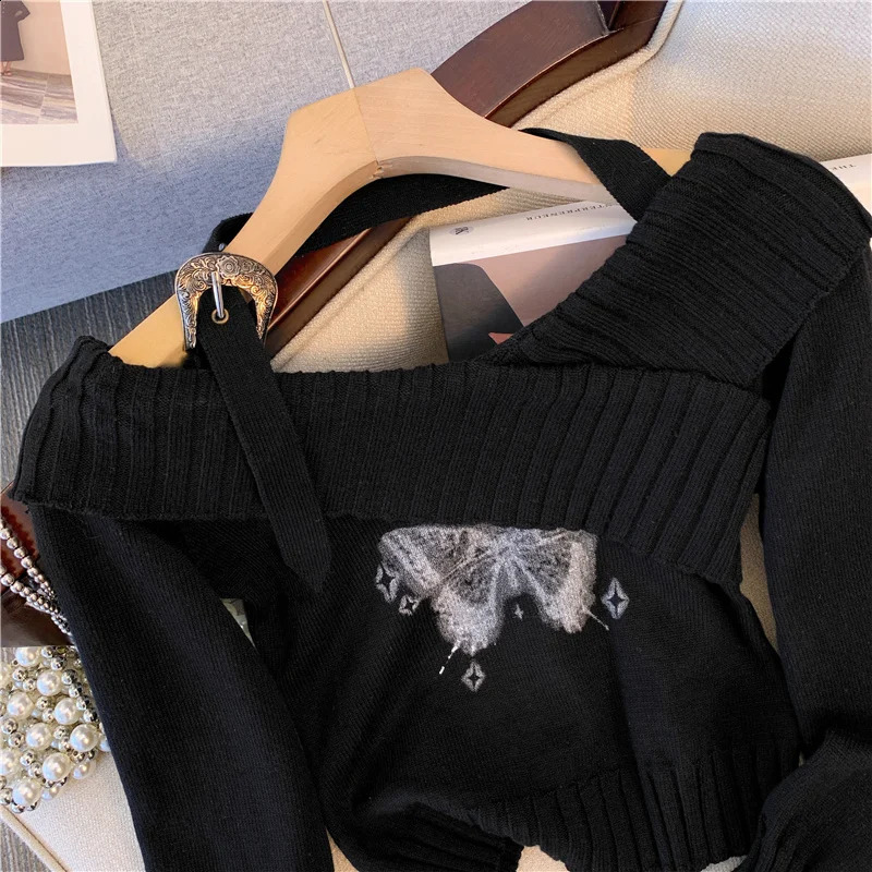 Y2k Aesthetic Butterfly Printed Top for Women Retro Casual Knitted Pulled Diagonal Collar Pendant Jumper Harajuku Grunge Sweater 90s 240821