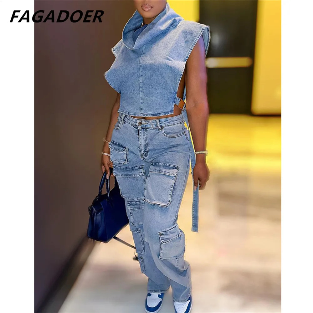 FAGADOER Vintage Denim Pocket Cargo Pants Women High Waisted Button Straight Jean Trousers Casual Female Cowboy Bottoms Z260313