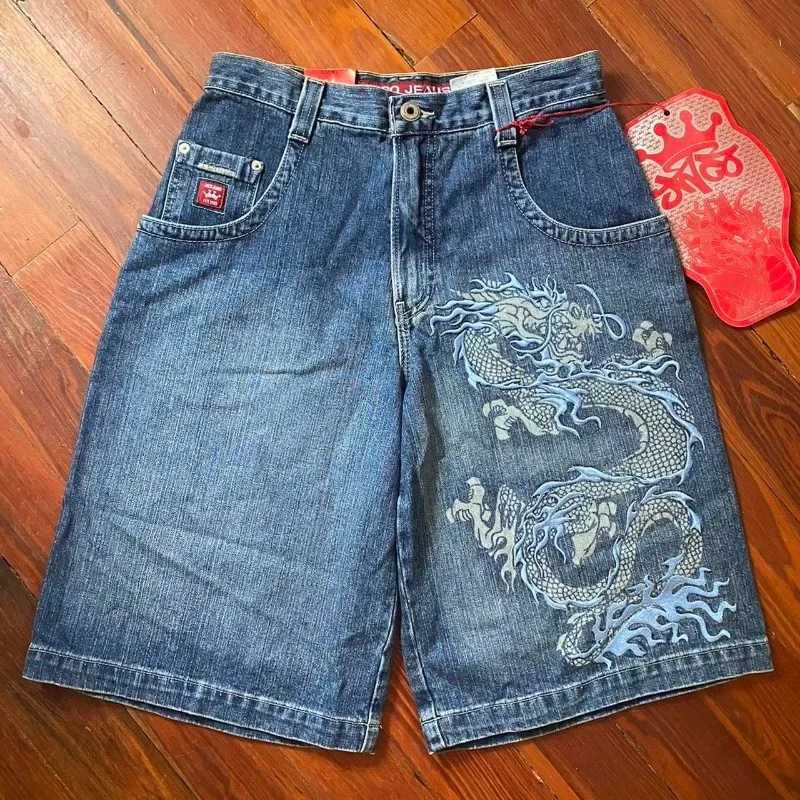 Y2k retro street fashion dragon pattern printed mens denim shorts casual loose basket shortsW240723
