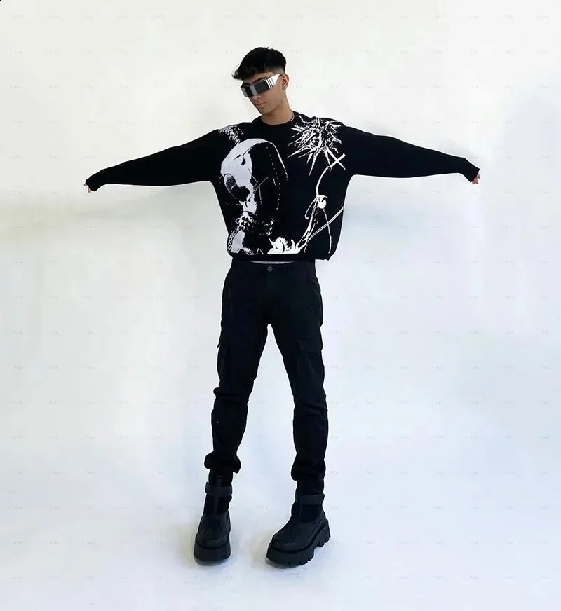Y2k Knitted Sweater Women Cotton Knitwear Graphic Mens Sweaters Top Vintage Loose Distressed Pullovers Casual Harajuku Autumn 240821