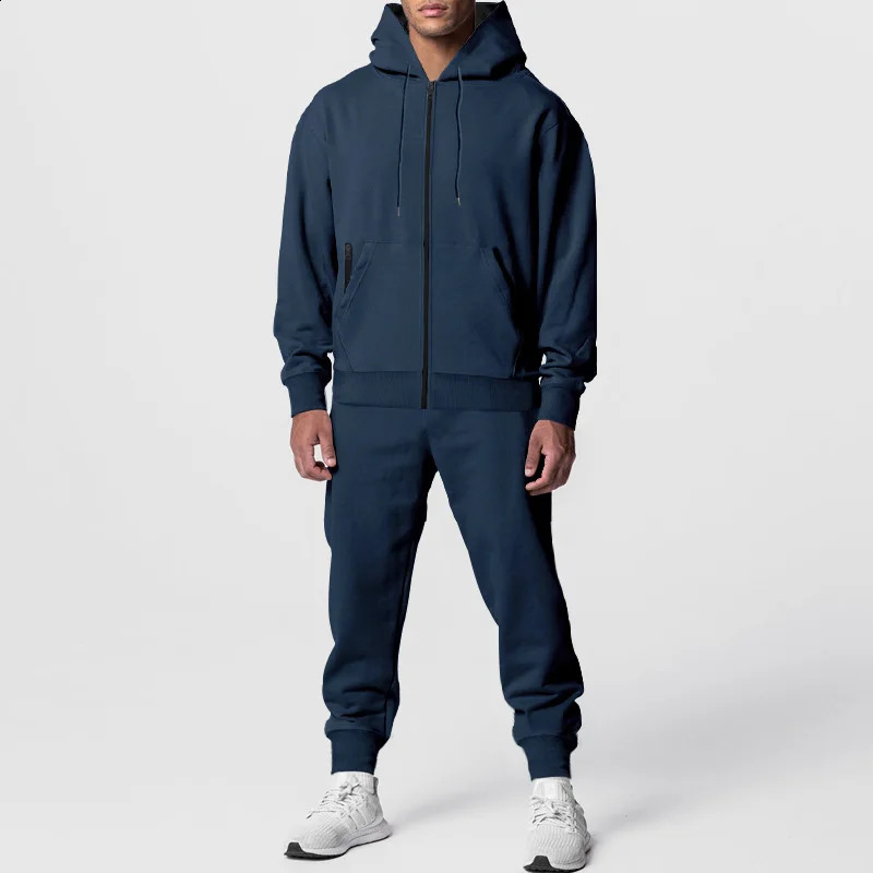 Cross border autumn and winter mens solid color long sleeved mens hooded sports and leisure wool warm suit 240827