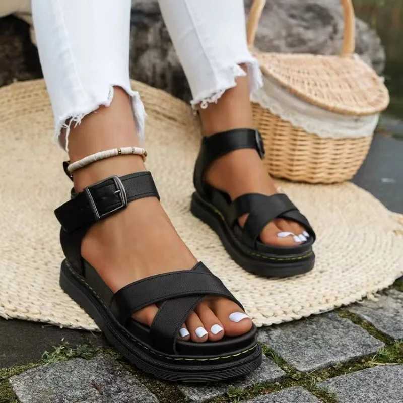 2024womens Summer New Fashion Open Toe Simple Solid Color Womens Shoes Casual Leather Flat Anti-slip Womens Sandals Large Size CL240806