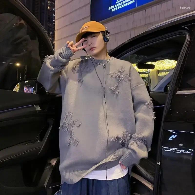 Men's Sweaters Autumn/winter Hole Sweater Round Neck Pullover Trendy Brand High Street Style Vintage Teen Bf Thickened Knitted Top
