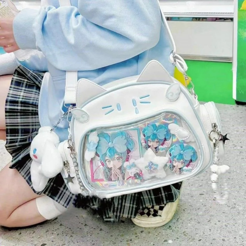 Y2K Korean Kawaii Cat Ita Bag Cute PU Shoulder for Girls Transparent Pocket Harajuku Cross Body Womens Fashion Backpack 240903