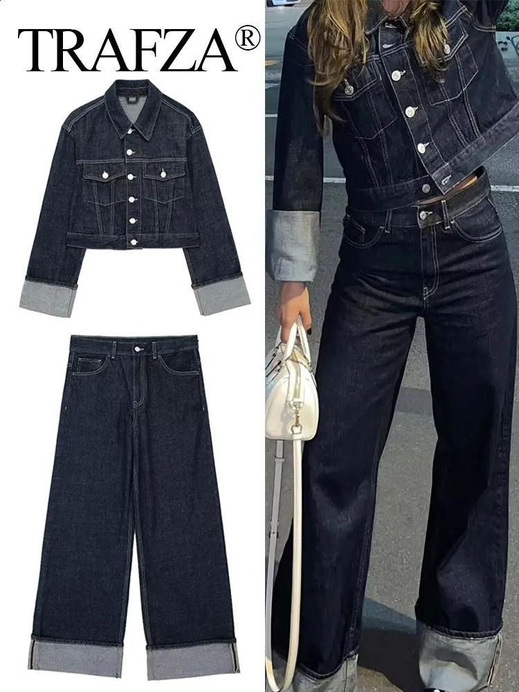 TRAFZA Womens Fashion Denim Jacket Pants Set Long Sleeve Single Chest Pocket Straight Trouser Jeans Office Womens Set 240821