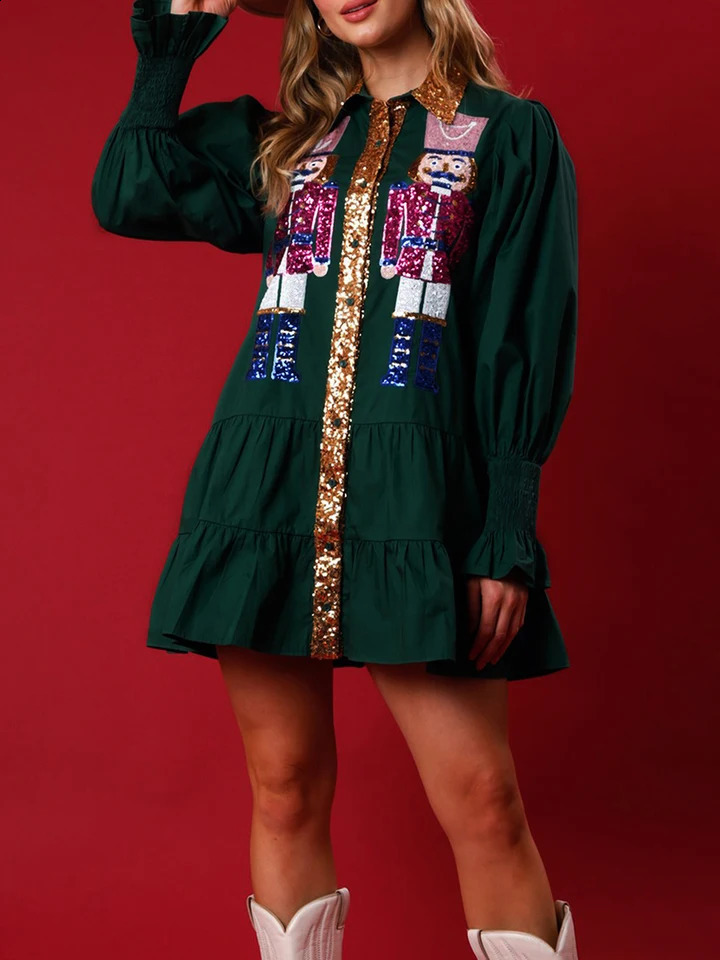 Womens Sequin Christmas Outfit Holiday Nutcracker Sequin Tiered Dress Sweatshirt Merry Christmas Mini Shirt Dress o240821