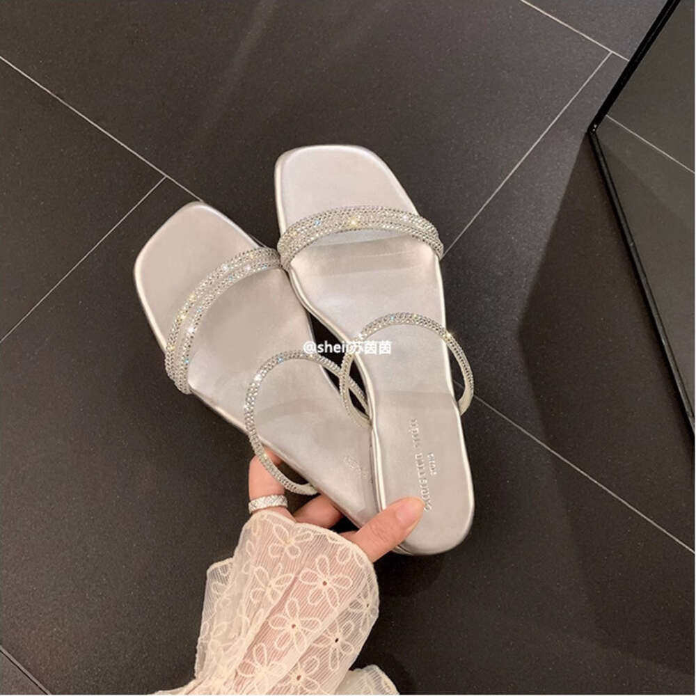 Ddmysports Same Style As Su Yinyin Silver Star Sparkle SR Square Eaded Water Diamond With Flat Bottom Women S Slippers For Summer Outwear OUTDOOR
