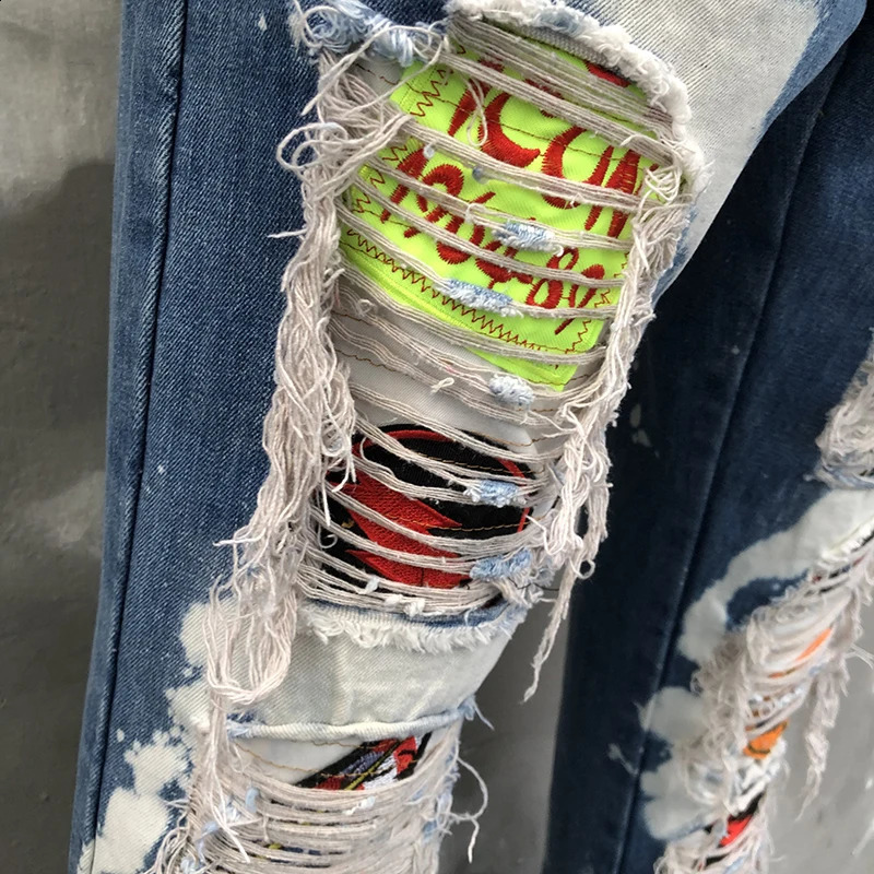 Slim Fit Denim Punk Jeans Streetwear Broken Hole Patch Skinny Trouser Quality Men High Street Denim Patchwork Stretch Jean 240821