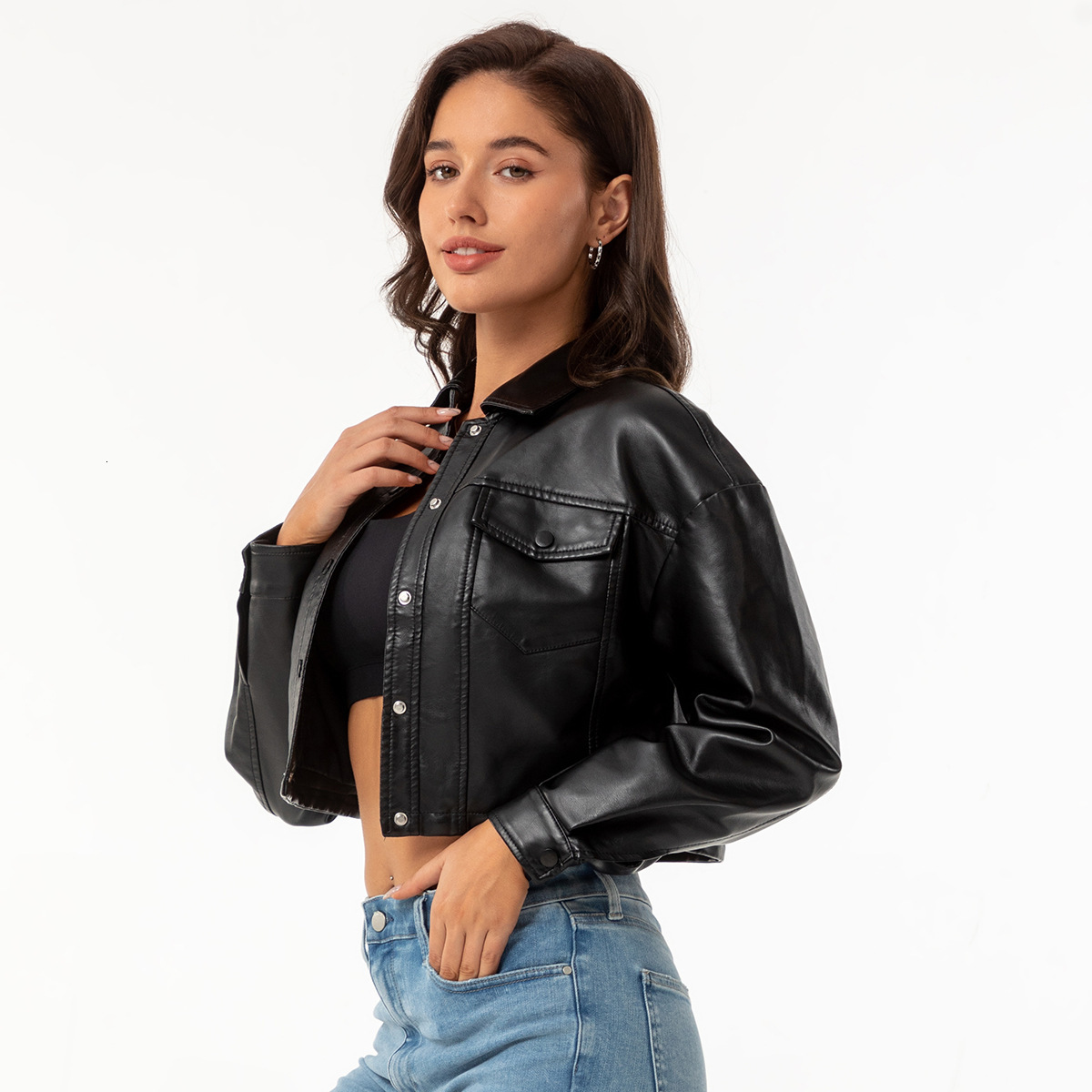 2024 Spring and Autumn New Loose Casual Leather Long Sleeve Single breasted Women's Short Jacket Flip Collar Fashion