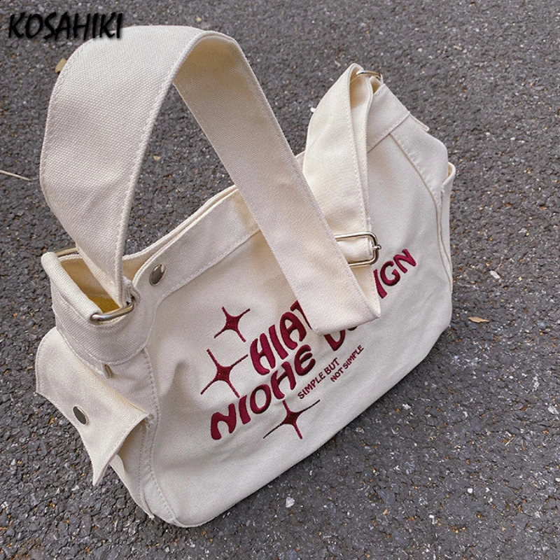 Canvas Women Preppy Y2k Grunge Shoulder Bag High-capacity Casual Vintage Tote Bags Fashion Letter Embroidery Handbags Crossbody 240820 4