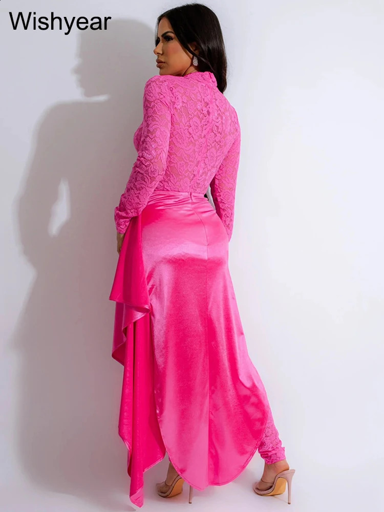Elegant Lace Long Sleeve Jumpsuit with Skirt Wrapped Hip 2 Two Piece Set Women Spring Sexy Night Club Outfits Birthday Rompers 240820