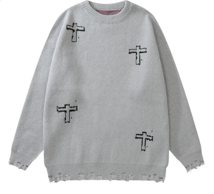 Y2K Grunge Vintage Sweaters Streetwear Hip Hop Ripped Hole Knitted Cross Punk Gothic Jumpers Fashion Harajuku Knit Pullover 240821