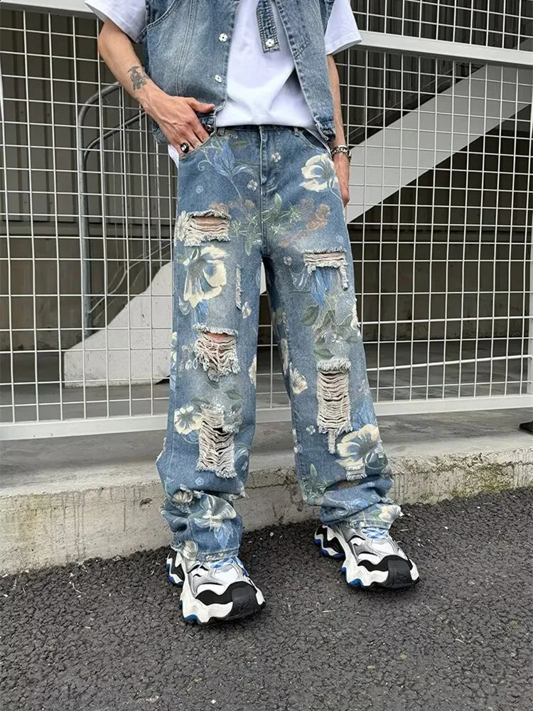 Ropa Y2K Streetwear Flowers Print Ripped Baggy Jeans Pants Men n Clothes Straight Grunge Denim Trousers Pantalon Homme 240821